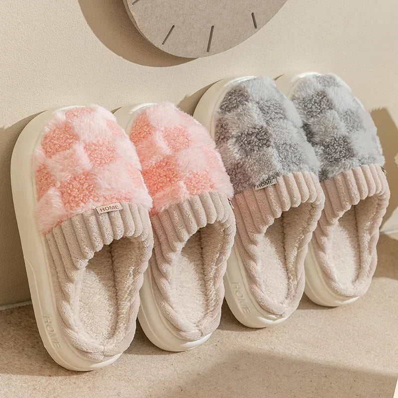 Autum Winter Plush Warm Women Cotton Slippers Casual Indoor Home Toe Wrap Cartoon Slides Men Anti Slip Thick Platform Soft Shoes