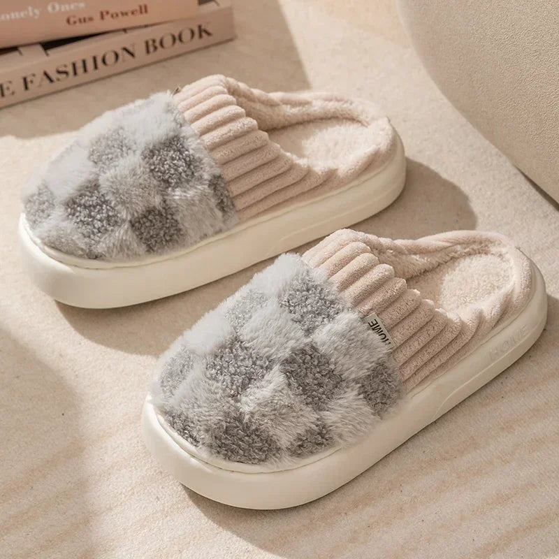Autum Winter Plush Warm Women Cotton Slippers Casual Indoor Home Toe Wrap Cartoon Slides Men Anti Slip Thick Platform Soft Shoes