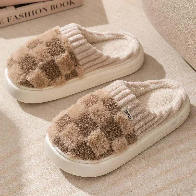 Autum Winter Plush Warm Women Cotton Slippers Casual Indoor Home Toe Wrap Cartoon Slides Men Anti Slip Thick Platform Soft Shoes