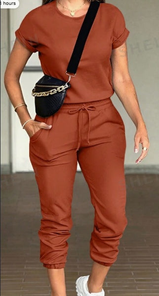 2pcs Women Solid Color Round Neck Short Sleeve Top And Drawstring Pocket Long Pants Casual Suit